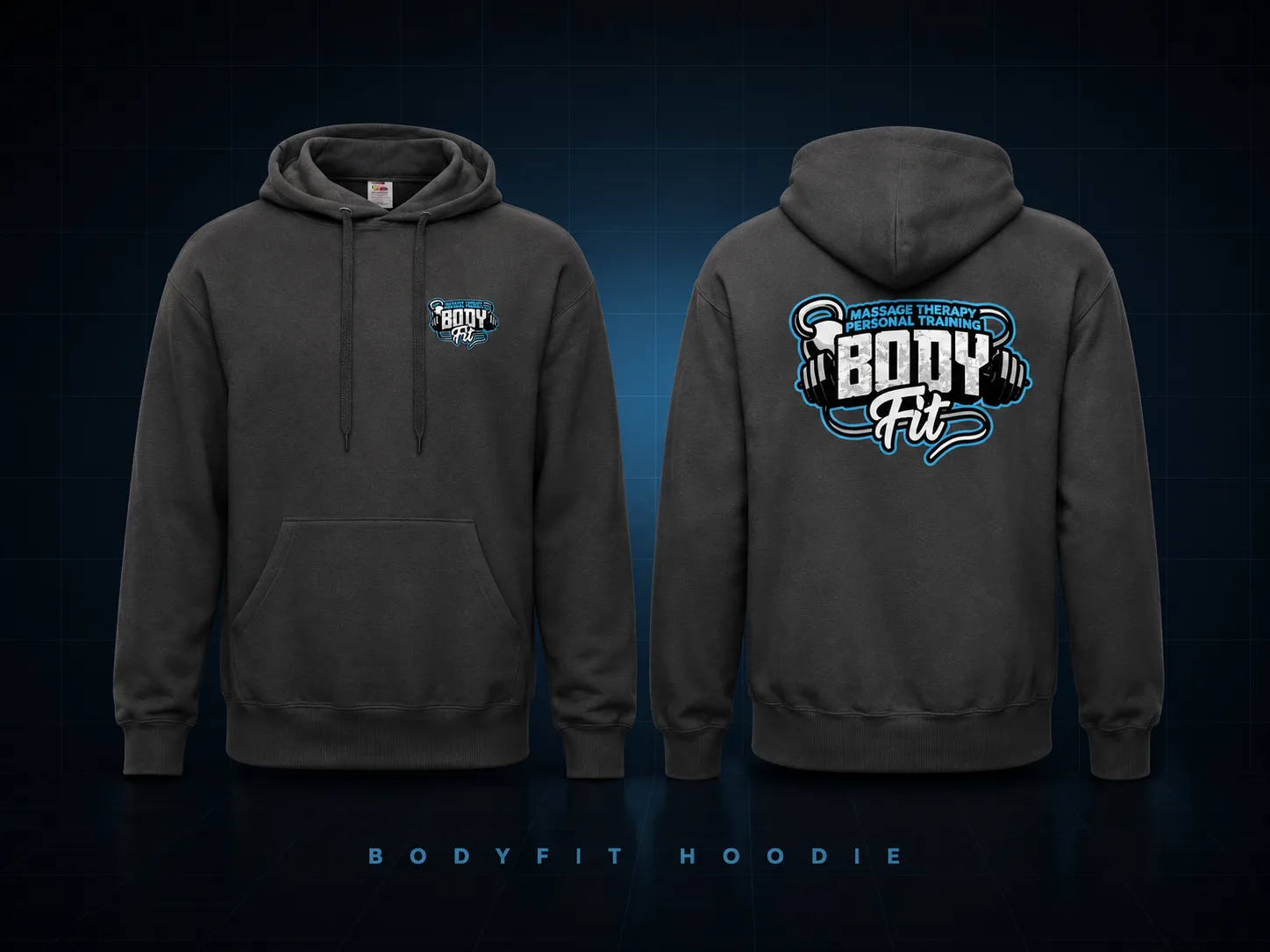 BodyFit graphite hoodie showing front chest logo and back print