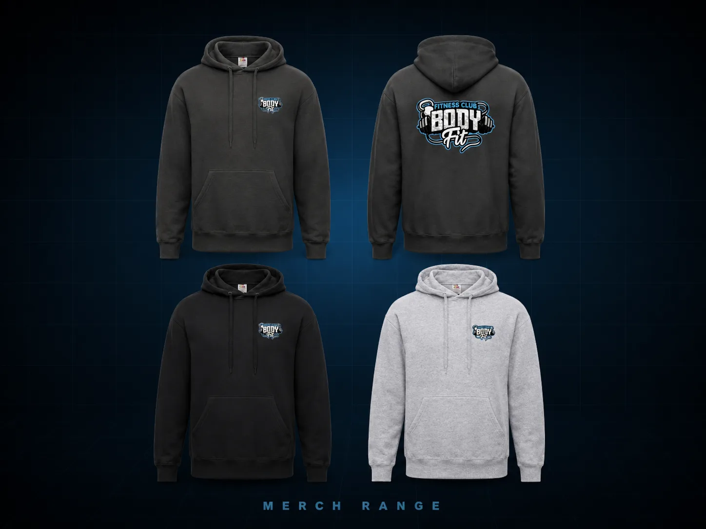 BodyFit hoodie colour range with front and back logo mockups