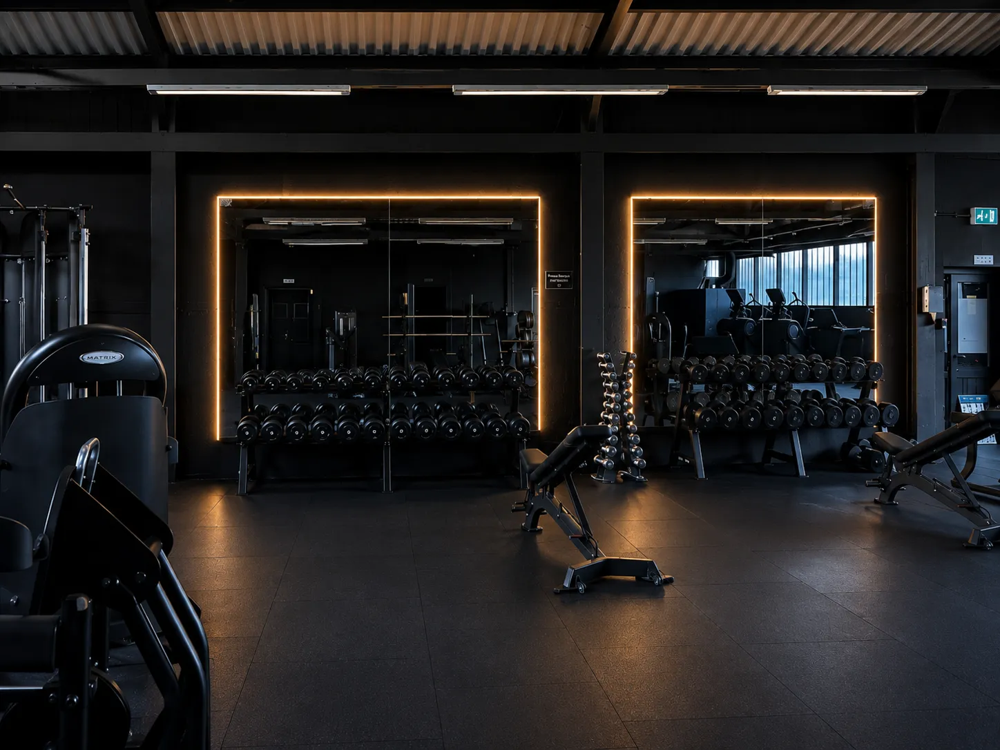 Dumbbell racks and illuminated mirrors inside BodyFit Gym